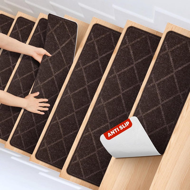 MBIGM 8" X 30" (15 in Pack) Non-Slip Carpet Stair Treads Non-Skid Safety Rug Slip Resistant Indoor Runner for Kids Elders & Pets with Reusable Adhesive - Brown Diamond Weave - Image 1